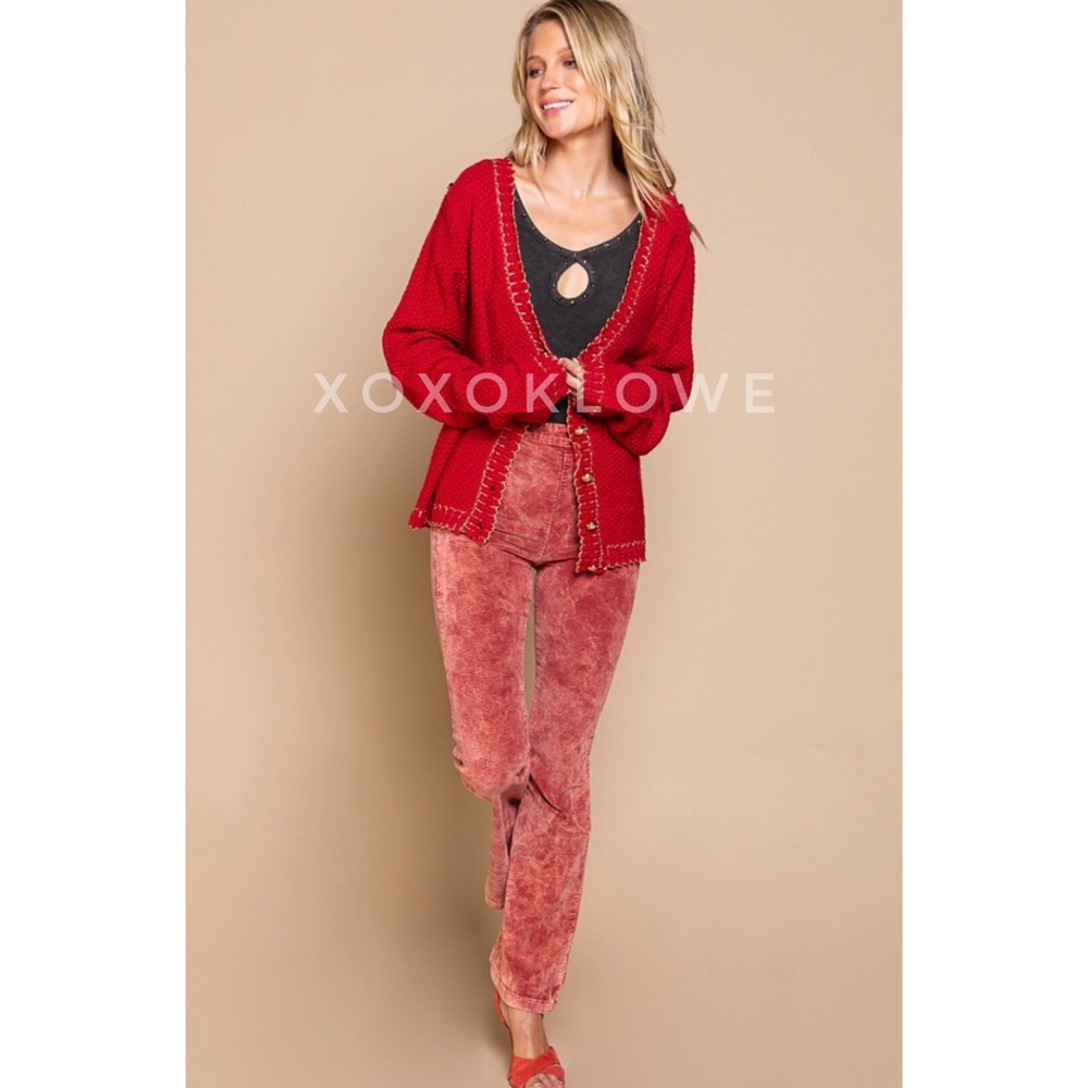 POL Red Button Front Cardigan with Sparkly Gold Trim - Picture 12 of 15